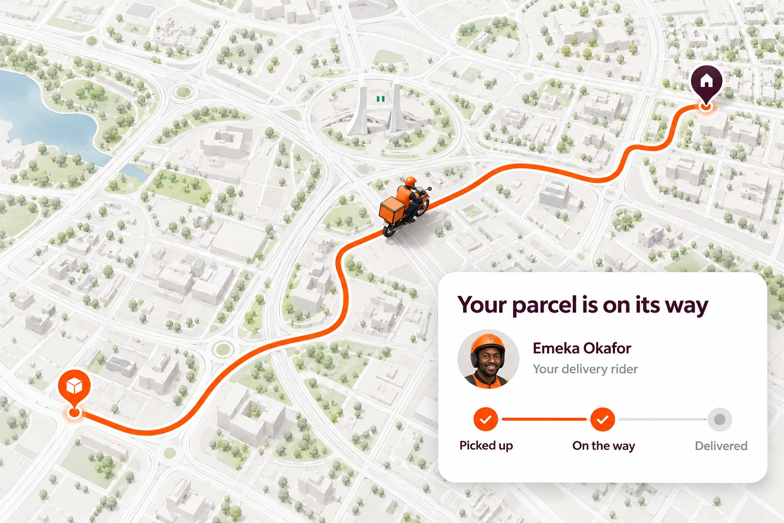 Illustrative customer tracking map with an orange delivery route and rider details