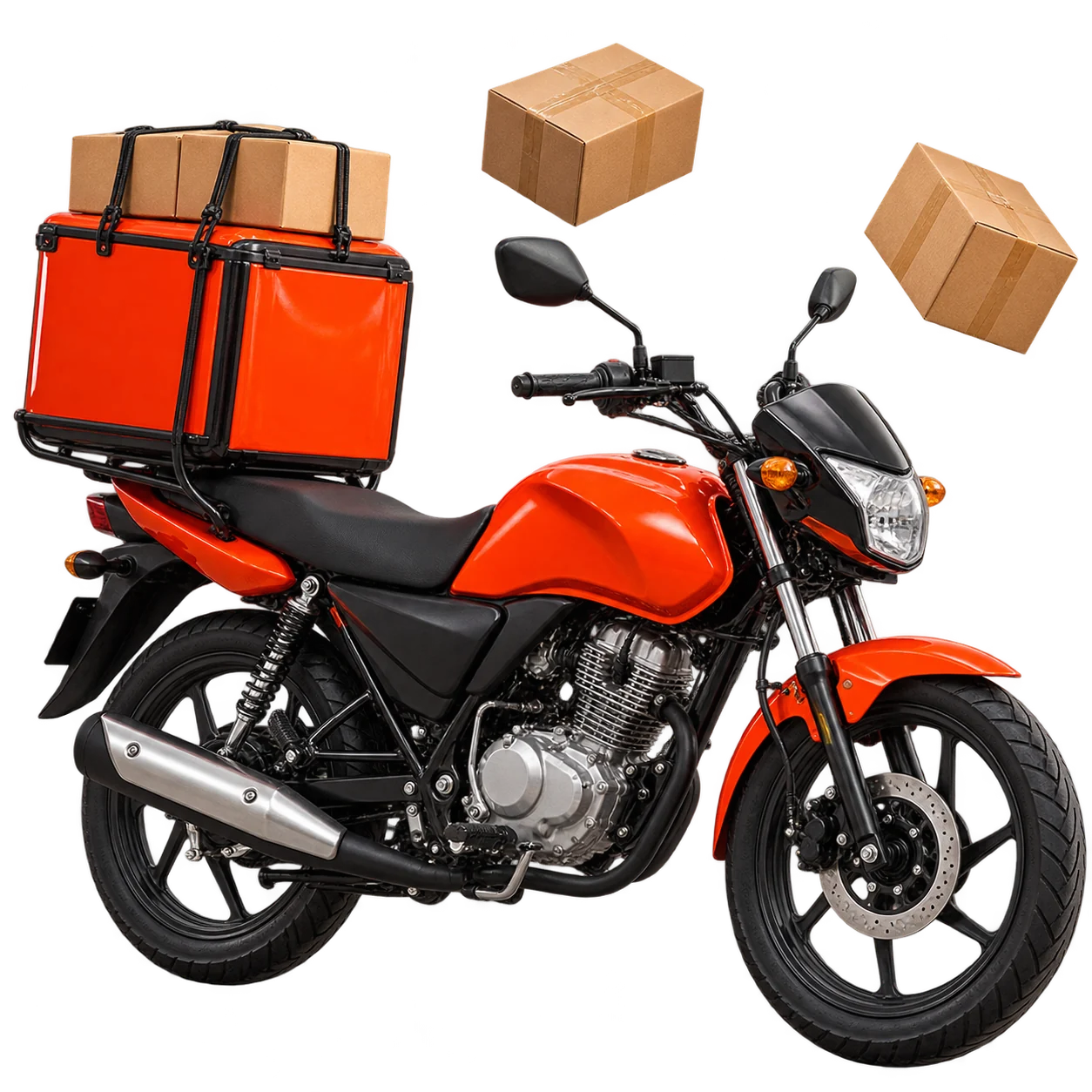 Orange delivery motorcycle with a delivery box and parcels