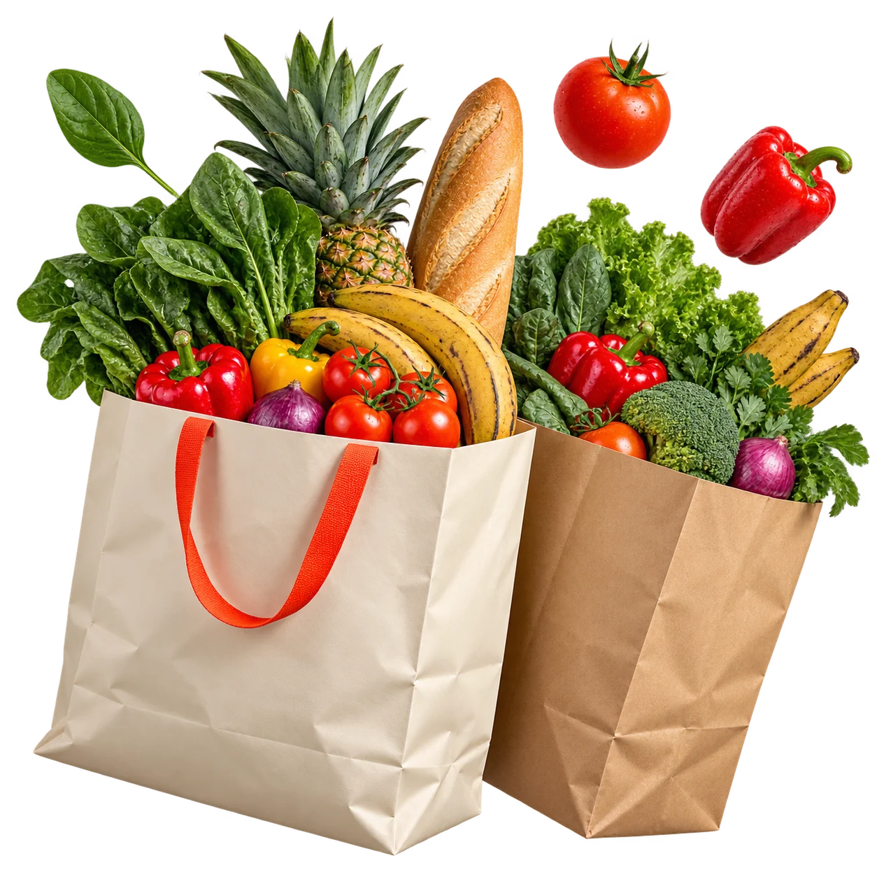 Fresh produce and groceries in a reusable shopping bag