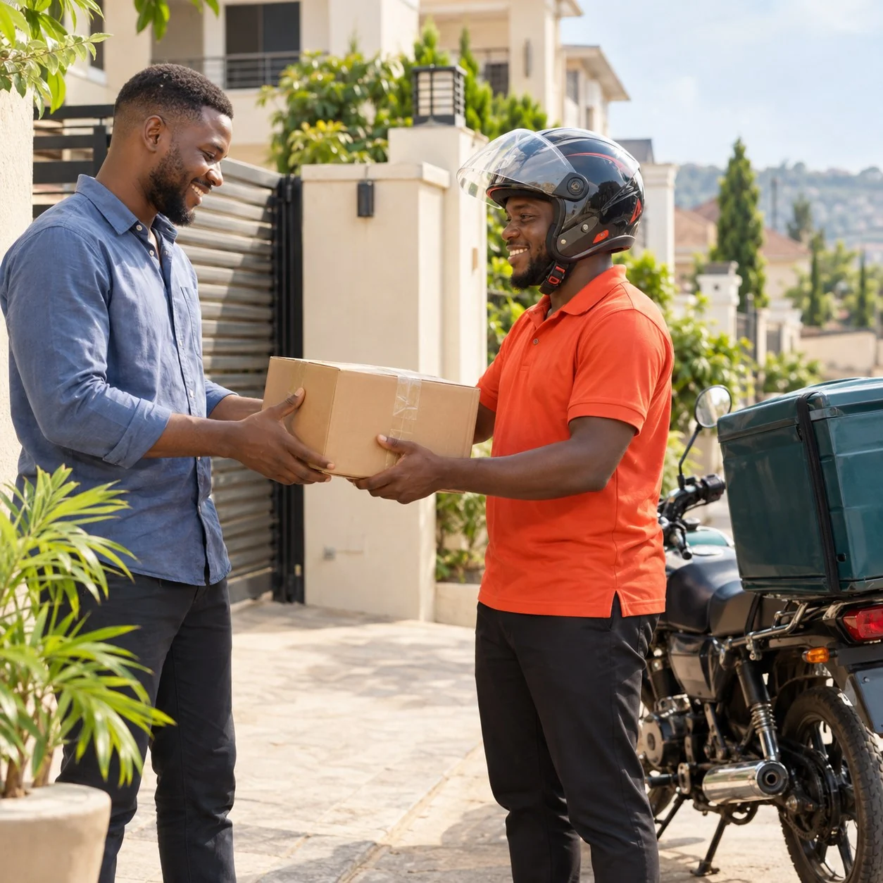 An Abuja resident hands a parcel to a delivery rider
